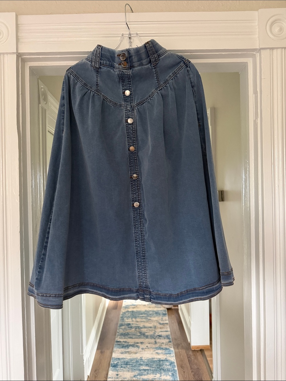 Button-Front Midi Denim Skirt in Blue